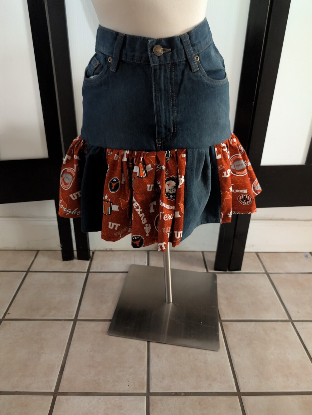 Imt Designs Custom Handmade Denim and Burnt Orange Ruffle Mini Skirt Small